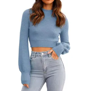 Lannew Womens Sexy Long Sleeve Cropped Sweaters Crewneck Ribbed Knit Crop Tops Pullover