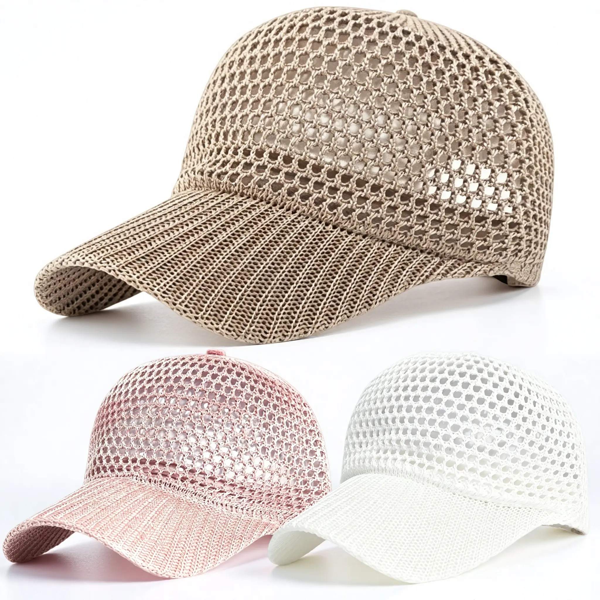 Women's Vintage Crochet Baseball Cap - Boho Style Crochet Hats, Hollow-Out Knit, Ponytail Cutout, Breathable Mesh, Adjustable Strap, Portable Foldable Visor, Outdoor Beach Hats, 1 Size Fits Most for Daily Use, Boho Style Hats