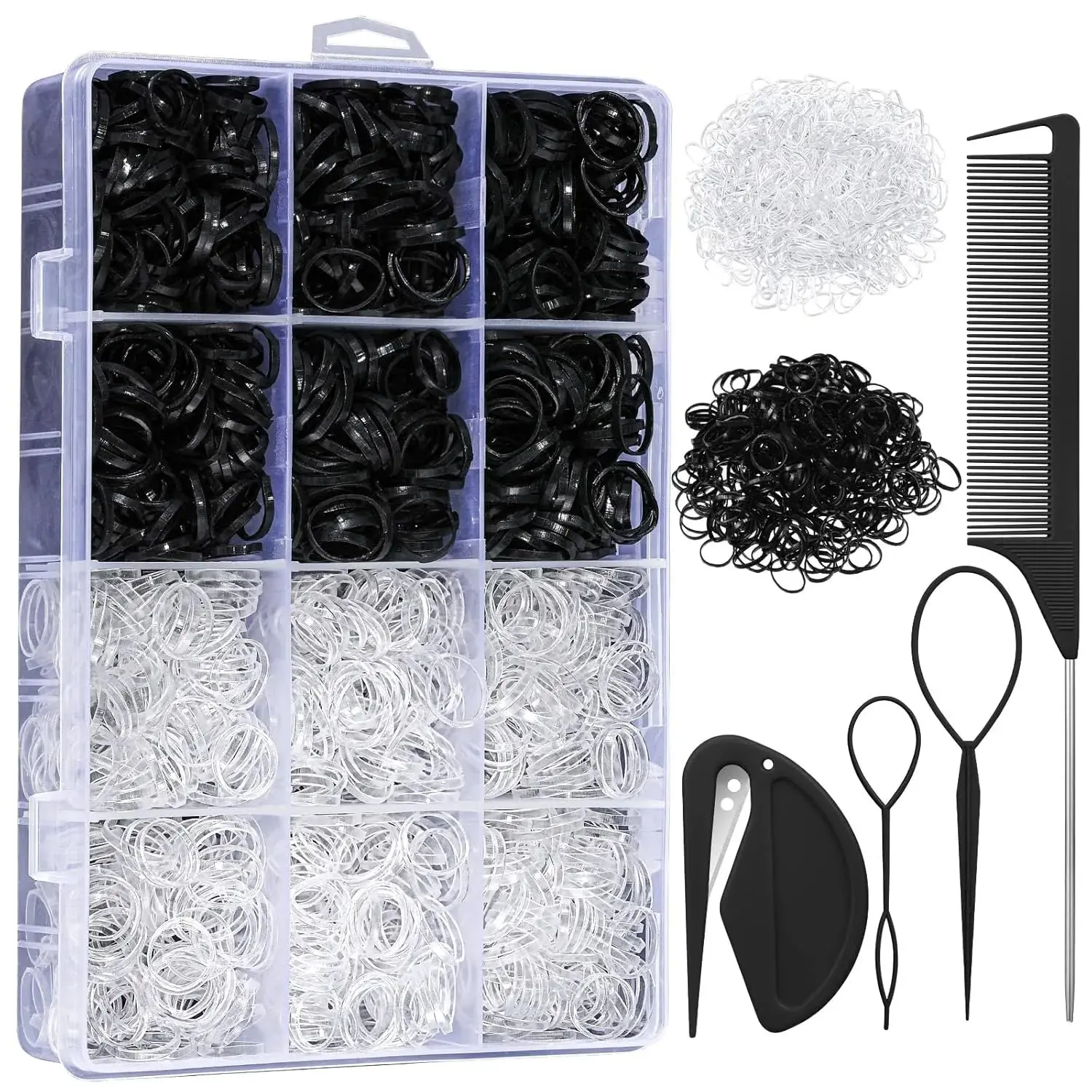 2200 Pcs Elastic Hair Bands with Hair Loop Styling Tool Set, Clear Mini Hair Bands and Black Elastic Hair Ties with Rubber Band Cutter Organizer Box Hair Accessories for Girl Women