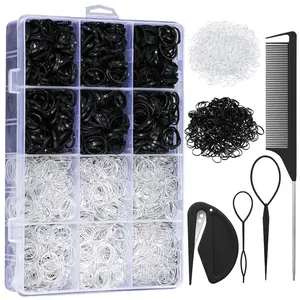 2200 Pcs Elastic Hair Bands with Hair Loop Styling Tool Set, Clear Mini Hair Bands and Black Elastic Hair Ties with Rubber Band Cutter Organizer Box Hair Accessories for Girl Women