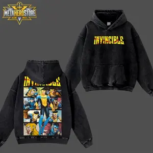 MetaHero Invincible Mark Grayson Superhero T-Shirt Hoodie #3 , Yellow Blue Comic Warrior Edition Double Printed Oversize Acid Washed Cotton Graphic Top, TV Series Streetwear Apparel, Classic Soft Relaxed Fit Fan Gift
