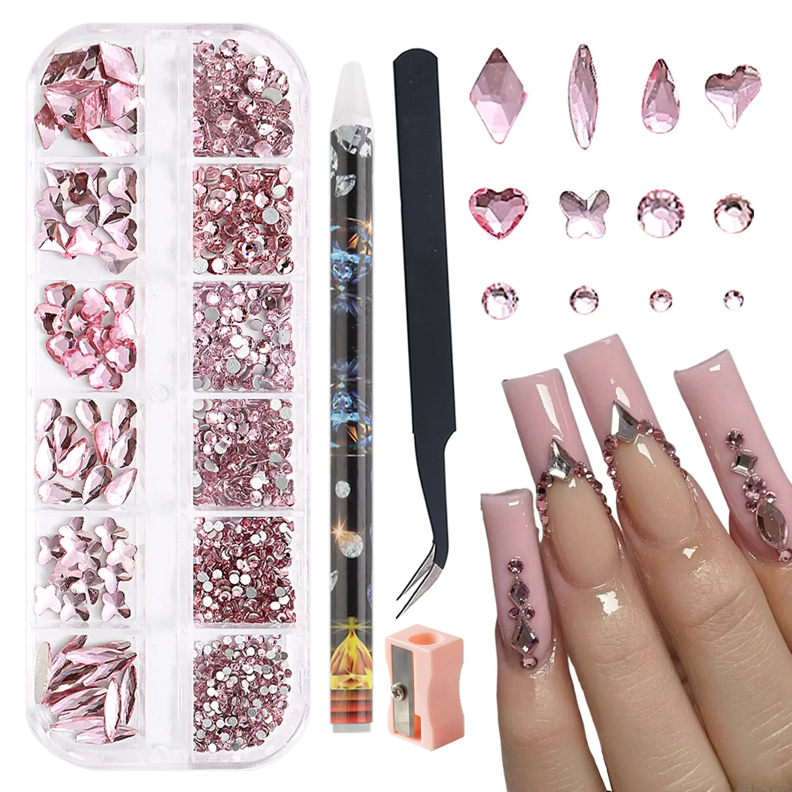 Pink Nail Art Rhinestones Flatback 3D Sparkling Nail Gems Diamond Jewels with Tools for Manicure Face Eyes Makeup DIY Supplies