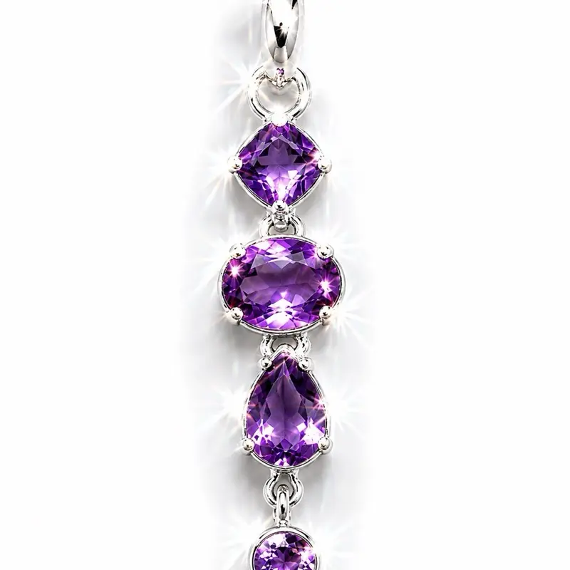 Unisex Sterling Silver Multi-Stone Amethyst Pendant - Vertical Oval Cascading Faceted Stones for Added Brilliance Drop Necklace, Luxury Semiprecious Accessory for Adults