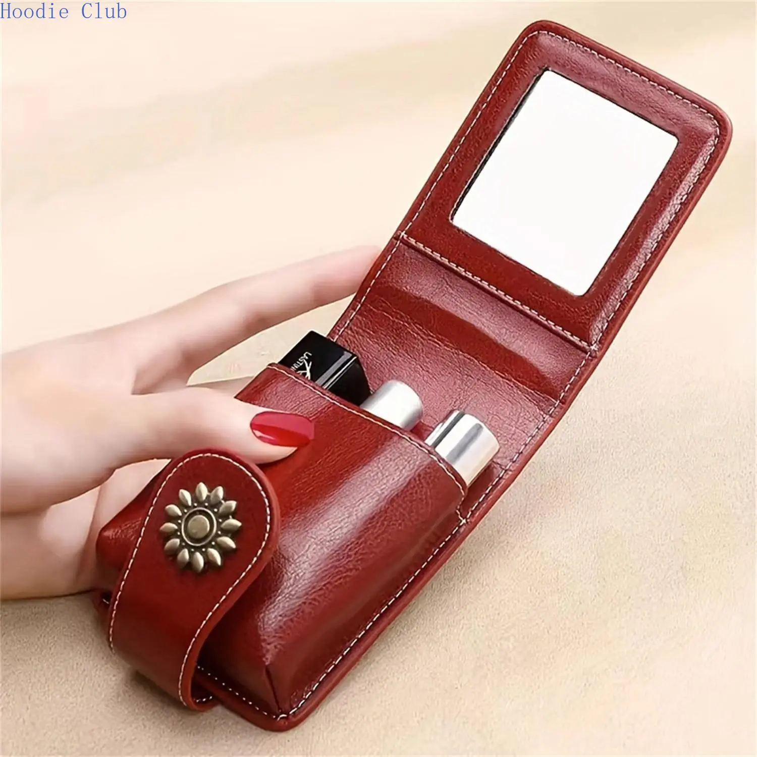 Women's PU Leather Makeup Organizer, Elegant Mini Portable Lipstick Bag with Mirror for Travel, Daily Use & Outdoor Sports, Travel Use, Snap Closure, Cosmetic Pouch, Faux Leather, Compact Shape