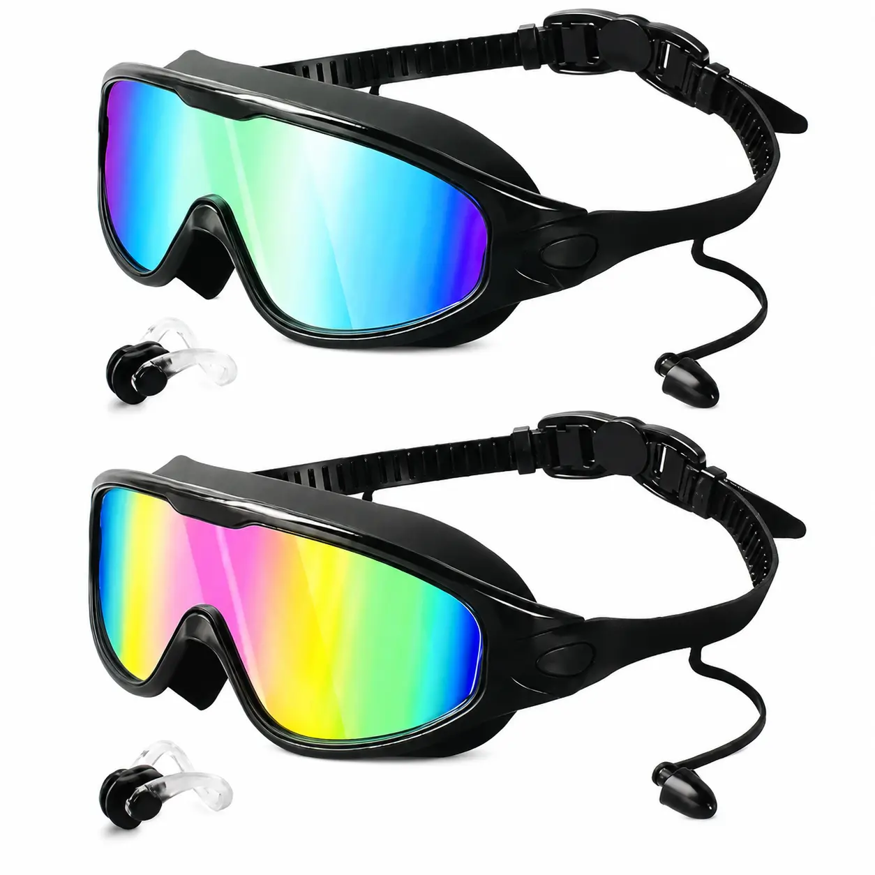 Unisex 2-Pack Wide-View Swim Goggles for Adults, Anti-Fog UV Protection, Leakproof Adjustable Goggles with Earplugs and Nose Clips, Leakproof Swimming Glasses, Goggles For Swimming sohochic