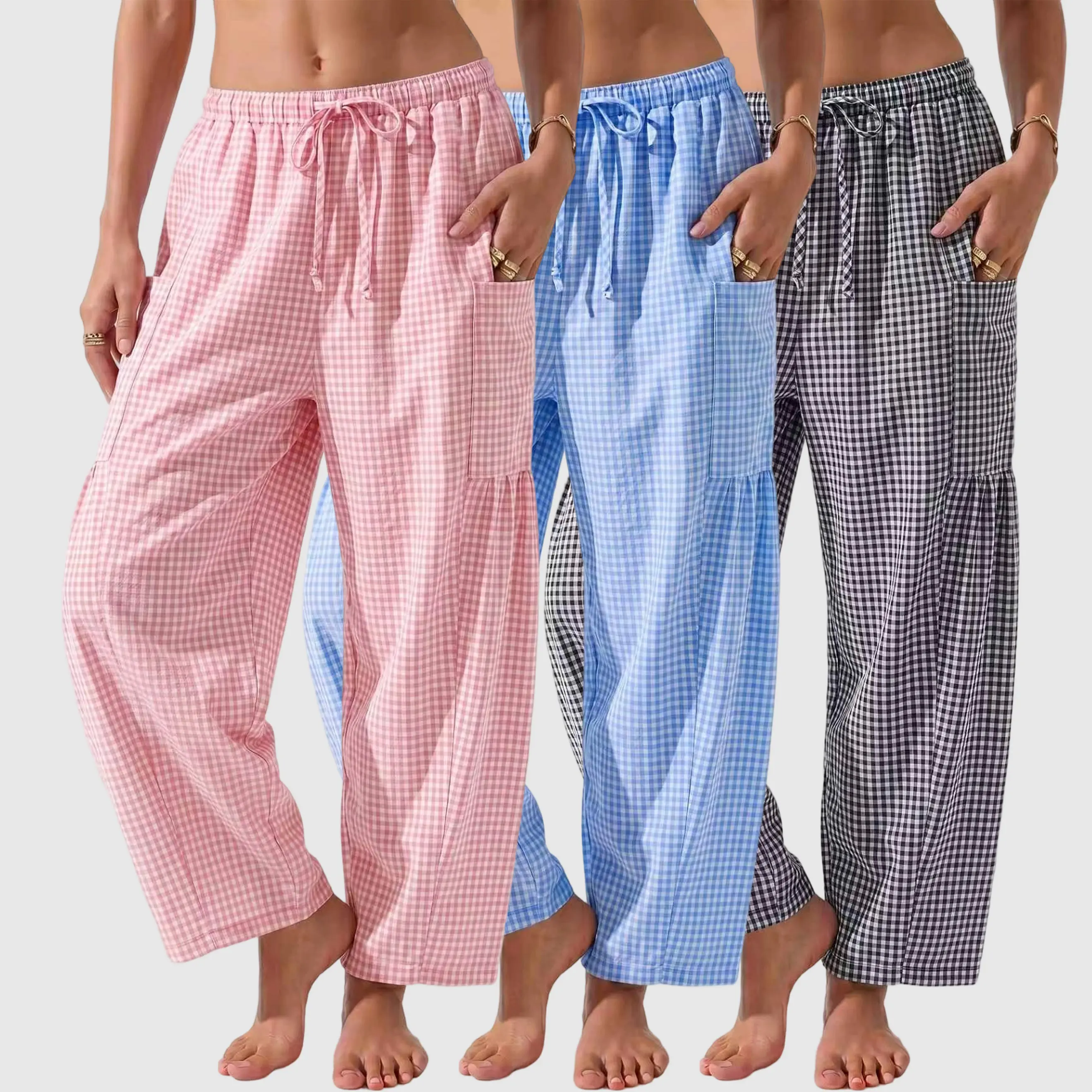 Women’s three-piece set featuring ballet-inspired small plaid wide-leg loungewear pants; soft cotton blend long pants with an elastic drawstring waist and side pockets—lightweight, breathable, flowy, loose, and comfortable. Suitable for brunch, going out