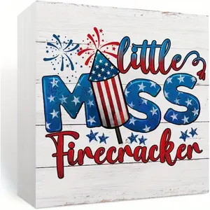 Fourth of July Decorations Memorial Day Decorations Independence Day Patriotic Decor Red White and Blue Decor, Wooden Box Sign for Home Farmhouse Office Table Centerpiece Little Miss Firecracker 5x5 inch