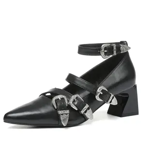 French Chic Gothic Dark Style Leather Buckle Cross Strap Mary Jane Shoes Women's Punk Rock Pointed Toe Thick Heel Pumps