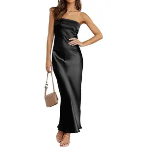 Women’s 2025 Summer Strapless Satin Tube Bodycon Backless Wedding Guest Maxi Dress