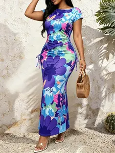 Two-Piece Set Women's Tropical Floral Print Asymmetric Top & Drawstring Maxi Skirt, Bodycon Slimming Fit, Vacation Style, Perfect for Vacation, Resort, Beach Cover-Up, Tropical Parties, Travel & Daily, Suits, Casual Halter