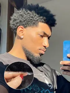 Natural Black Afro Curly Men's Toupee - Full Poly All Injected PU Base, Thin Skin V-Looped Realistic Scalp, Seamless African Hair Replacement, Breathable for Daily Wear