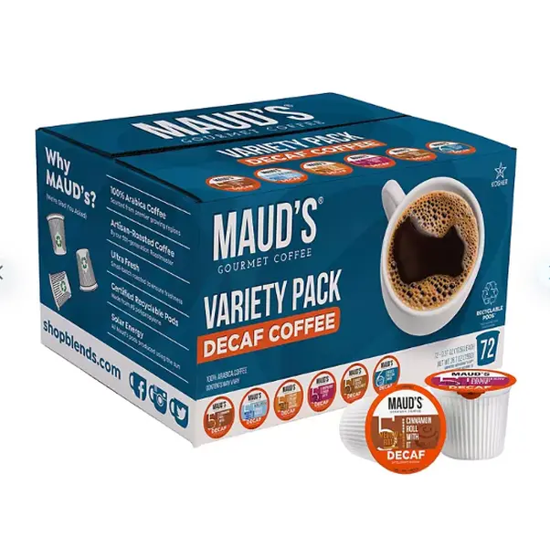 Maud's Decaf Gourmet Coffee Single Serve Cups, Variety Pack 72 ct. Beverage Bean Flavored Flavor