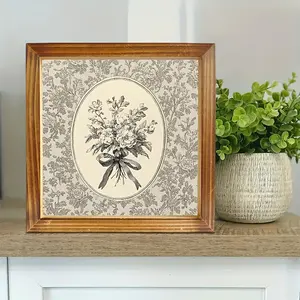 8x8 Inch Floral Framed wall art - Vintage Farmhouse Decor with Beige, White, Brown, Botanical print - Ready-to-Hang Painting for Living Room, Kitchen, Bedroom, Bathroom - Housewarming Wedding Gift Idea - Rustic Home Decoration, Intricate Detailing