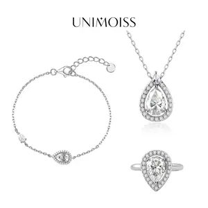 UniMoiss Moissanite Moonlight Drop Halo Jewelry Set Silver-Plated Luminous Pear Cut Ring Necklace Bracelet Trio Set for Birthday Wedding Engagement Anniversary Gift Daily Wear