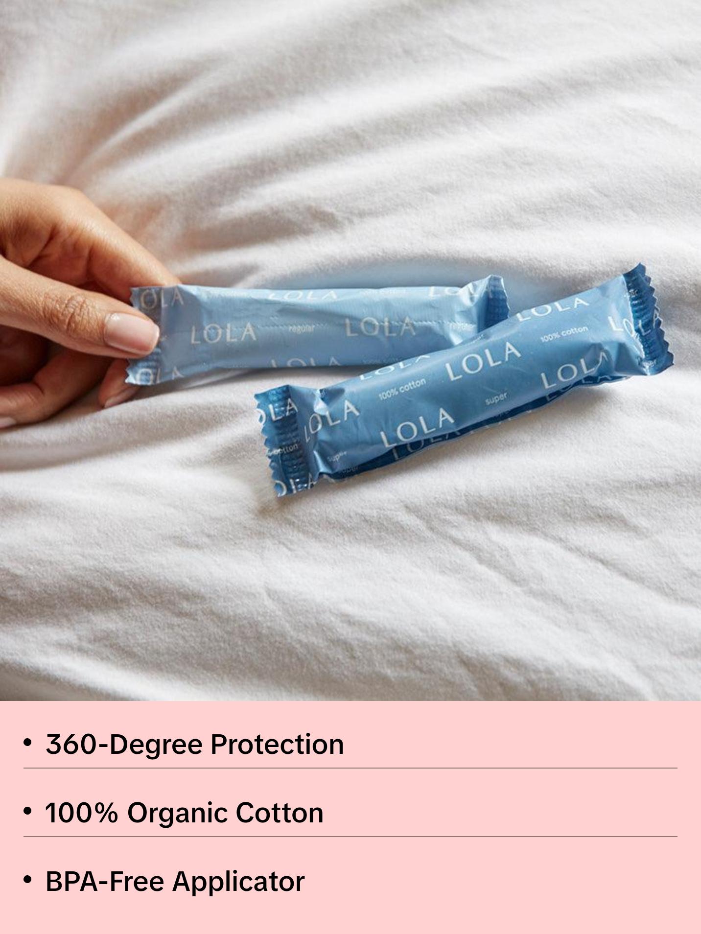 LOLA Regular and Super Organic Cotton Tampons | 360-Degree Leak Protection | BPA-Free Plastic Applicator | HSA FSA Approved Feminine Care Products | 16ct (8Reg / 8Super)