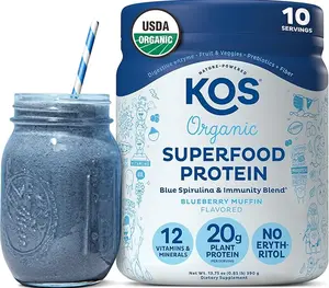 KOS Organic Plant Protein Blueberry Muffin 10 Servings USDA Certified Gluten Free 20g Protein Per Serving Digestive Enzymes for Optimum Absorption KOS Organic Plant Protein Blueberry Muffin 10 Servings USDA Certified Gluten Free 20g Protein Per Serving Digestive Enzymes for Optimum Absorption