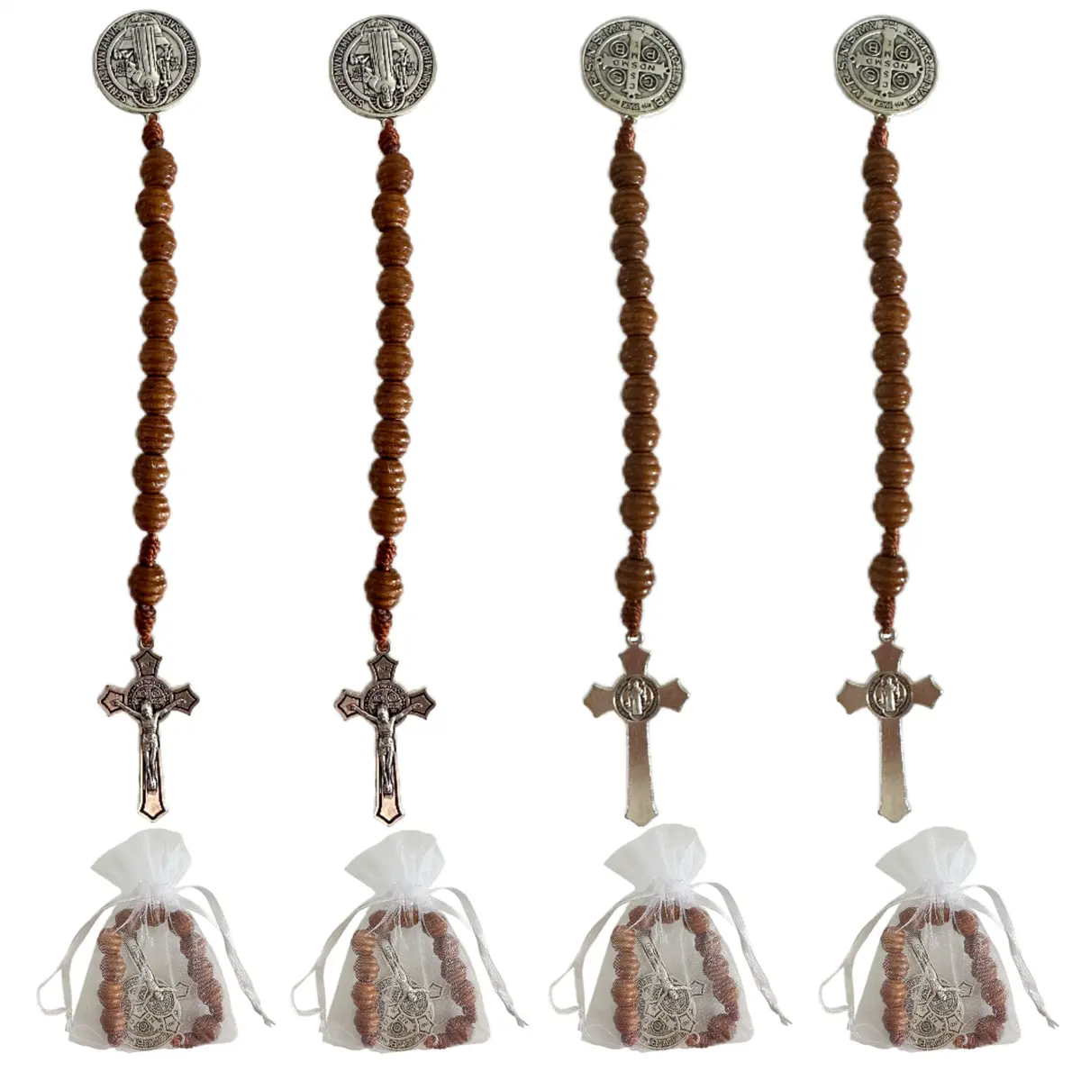 Catholic Brown Wood Beads Rosary Necklace - Saint Benedict Medal, Prayer Pocket Ready, Wooden Cross Crucifix, 4 Organza Bags, Cross Decorations, Sacred Medal Gift for Baptism Benedict Protection, Religious Decorations, Bagged, Easter Gift Ready, 4Pcs, Dai