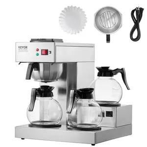 VEVOR 12 Cups Commercial Drip Coffee Maker, Coffee Maker Machine with 3 Glass Carafes and 3 Warmer Plates, Stainless Steel Pour Over Coffee Brewer with Auto Water Intake, for Restaurant Office Cafe