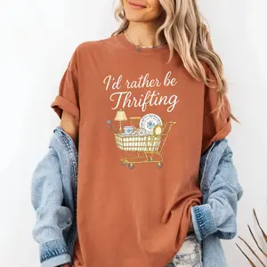 Comfort Colors I’d Rather Be Thrifting T-Shirt, thrift aesthetic Tshirt, blue and gold vintage decor cart, thrifting graphic, boutique style T-Shirt