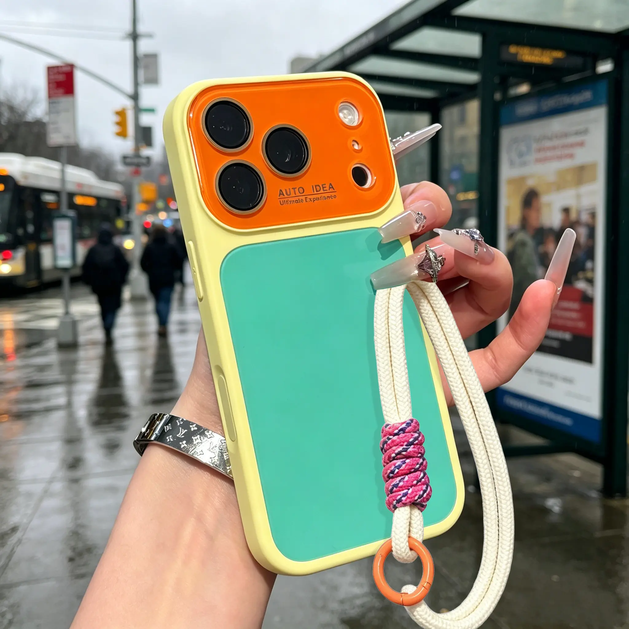 Aesthetic Color Pop Phone Case , Retro Two-Tone Large Camera Lens Protector Case, Braided Hand Lanyard Ring Strap Cute Trendy Shockproof Case for iPhone 17 16 15 14 13 Pro Max Plus Air