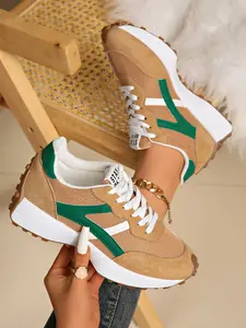 Women's Sporty Sneakers, Elegant Casual Design, Round Toe Low-Top Lace-Up Shoes, Thick Sole Outdoor Running Footwear