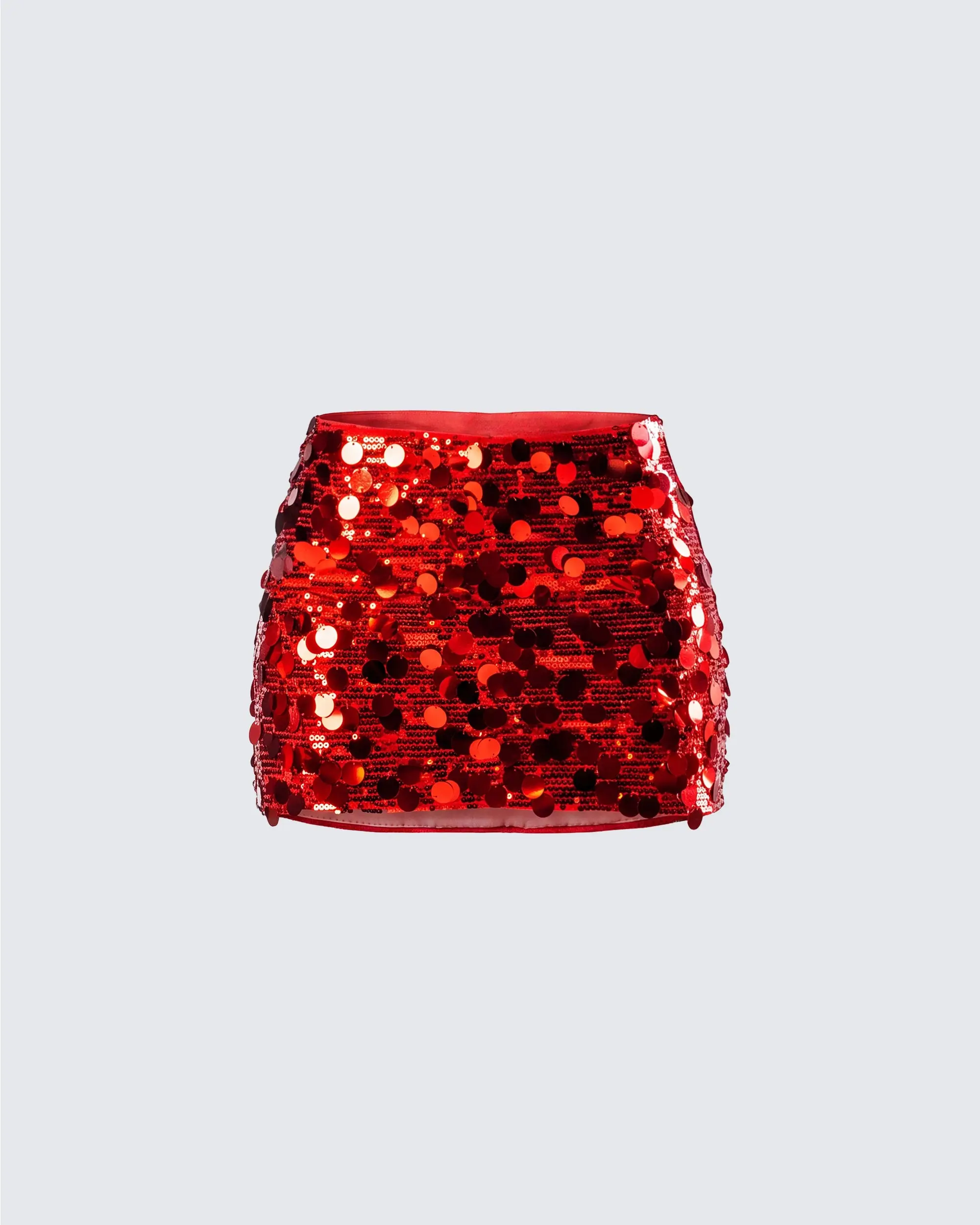 Lady's Oversized Fitted Red Sequin Mini Skirt - Large Circular Paillettes, High-Shine Metallic Polyester Fabric, 1x-2x Evening Wear Clothes Bottom
