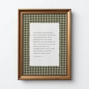 Vintage Green Gingham Christian Printable Wall Art Be Anxious for Nothing Striped Bible Verse Rustic Christian Home Decor