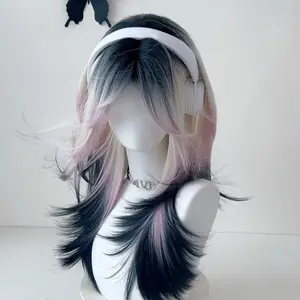 Fashion Pink Purple Gradient Pudding Head Wig Female Mid-Length Eight-Character Bangs Hot Top Dyed High Level Wolf Tail Anchovy Head Wig Trend
