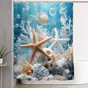 1/4pcs Underwater Ocean Bathroom Set - Starfish Coral Seashell Waterproof Shower Curtain with Matching Bath Mats & Toilet Seat Cover, Blue White Coastal Themed Decor for Bathroom, Perfect for Summer Beach, Memorial Day, Labor Day, Summer Vacation Decor