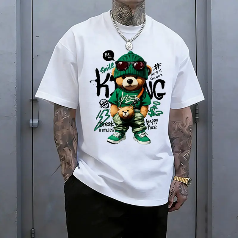 Men’s Oversized Graphic T-Shirt, Soft Stylish Round Neck Cotton Short-Sleeve Tee, Cool Green Streetwear Bear Print, Hip-Hop Loose-Fit Casual Top for Summer Everyday Wear, Men's Graphic Tees