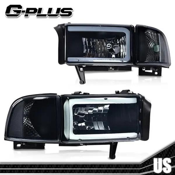 G-PLUS Headlights for 1994-2002 Ram 1500/2500/3500 Clear Corner LED DRL Headlight Assembly Black/Smoked