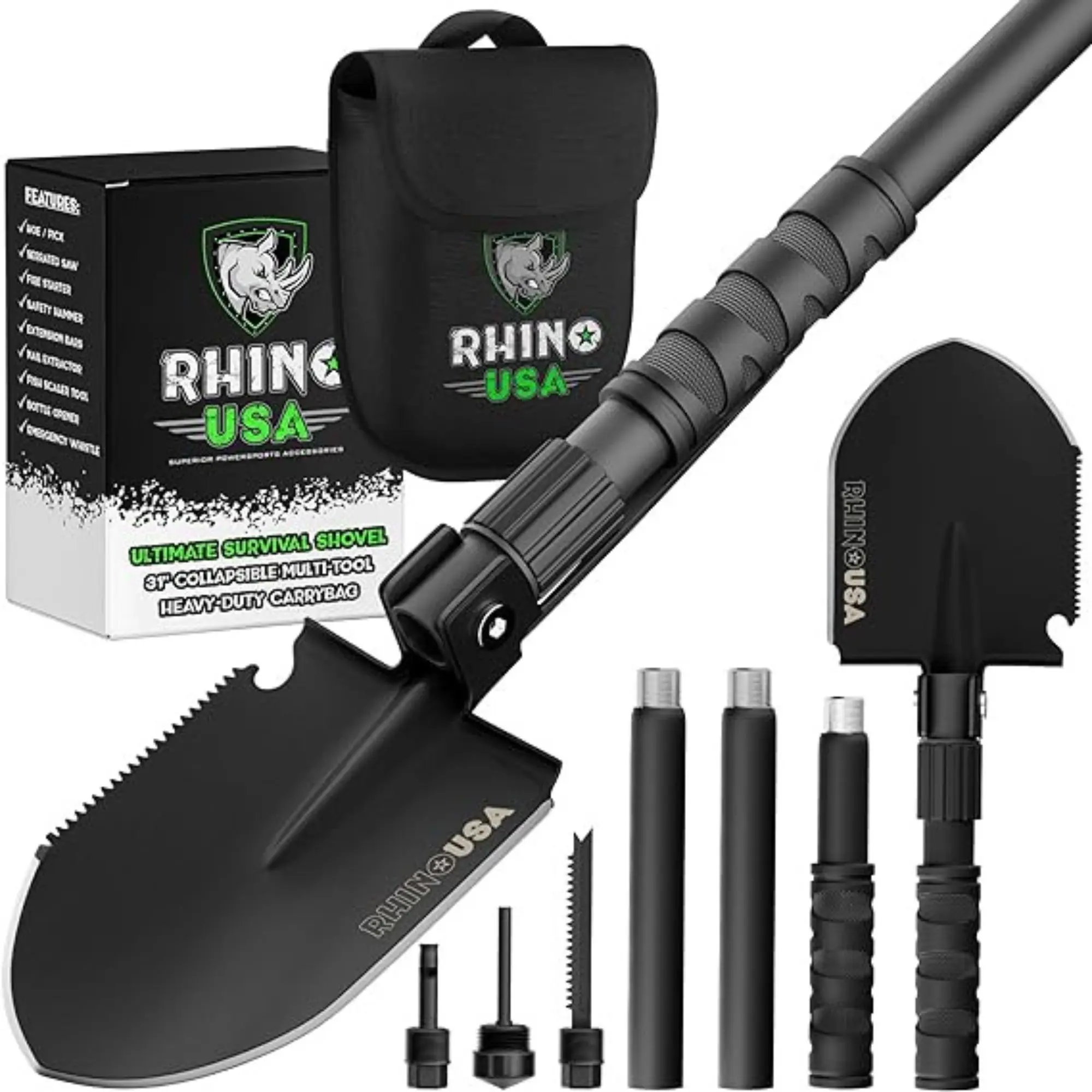 Rhino USA Survival Shovel w /Pick Heavy Duty Carbon Steel Military Style Entrenching Tool for Offroad, Camping, Digging Dirt, Sand, Mud & Snow
