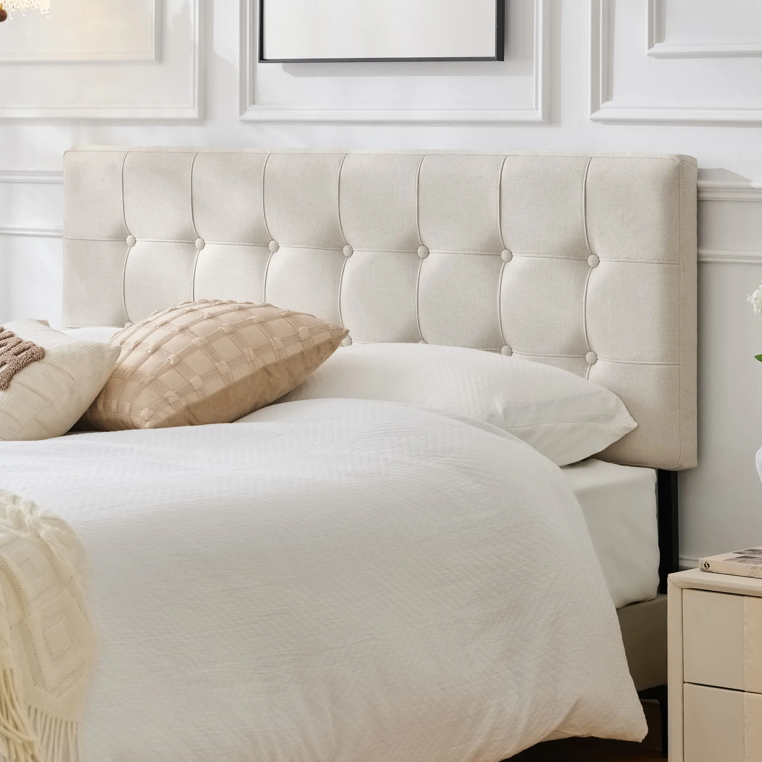 Linen Tufted Headboard Twin Size, Solid Wood Twin Headboard Only, Adjustable Height 37.2-46 Inches, Wall or Bed Frame Mount, Non-Slip Support, Padded Head Board for Bedroom,