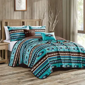 Southwest Turquoise Aztec Quilt Set with Four-Piece Bedding Ensemble - Includes Quilt, 2 Pillow Shams, and 2 Decorative Pillows