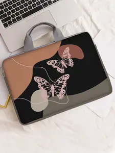 1pc Butterfly Pattern Laptop Bag, 13-15 Inch Light Grey with Pink Butterfly Graphic and Top Handle, Casual Protective Sleeve for Everyday Use
