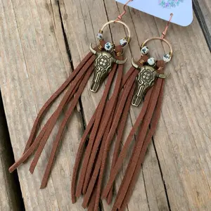 Fierce Fringe Couture Hypoallergenic Fringe Bullhead Earrings with Turquoise Beads and Leather Tassels