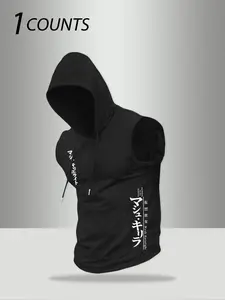 Men's Anime Japanese Graphic Sleeveless Hooded Tank Top -, Athletic Vest for Gym Workouts, Comfortable Fabric for Street Style Looks, Trendy Anime Core Fashion Piece, Athletic Workout Clothing