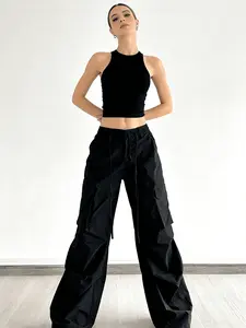 Women's plain casual drawstring multi-pocket high-waisted loose wide-leg work trousers, suitable for all seasons, suitable for indoor and outdoor wear home.