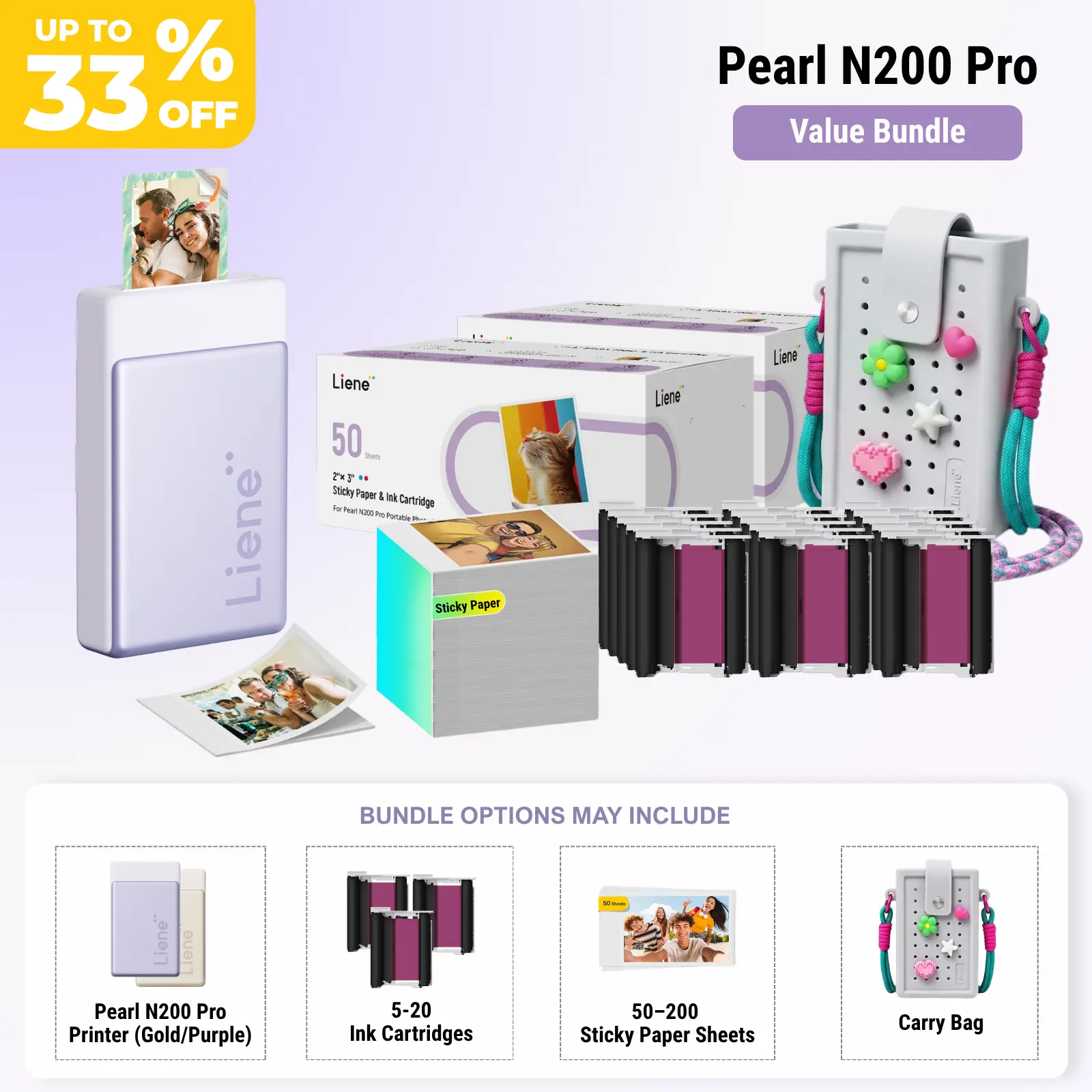 Liene Pearl N200 Pro Portable AI Photo Printer Bundle, 2x3 Inches Adhesive Paper & Ink Cartridges, Bluetooth Thermal Dye Sublimation Sticker Maker for iPhone, CCD Camera for Watch Party Use, Gift Idea, Back to School