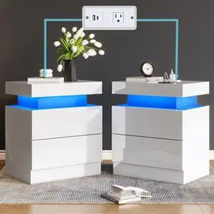 [TWO TABLES IN ONE BOX] VanAcc High Gloss Nightstand Set of 2 with Charging Station, Modern Bedside Table with LED Lights by App and Remote  Control, Sofa End Side Tables with Drawers, Minimalist Night Stand for Bedroom, Living Room,