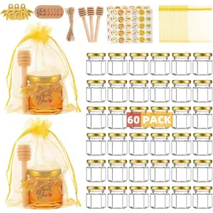 60 Pack 1.5 oz Mini Hexagon Small Glass Honey Jars Party Favors with Dippers Lids Gold Bags Bee Charms Thank You Cards Jute Cute Stickers for Baby Shower Wedding Party Gifts