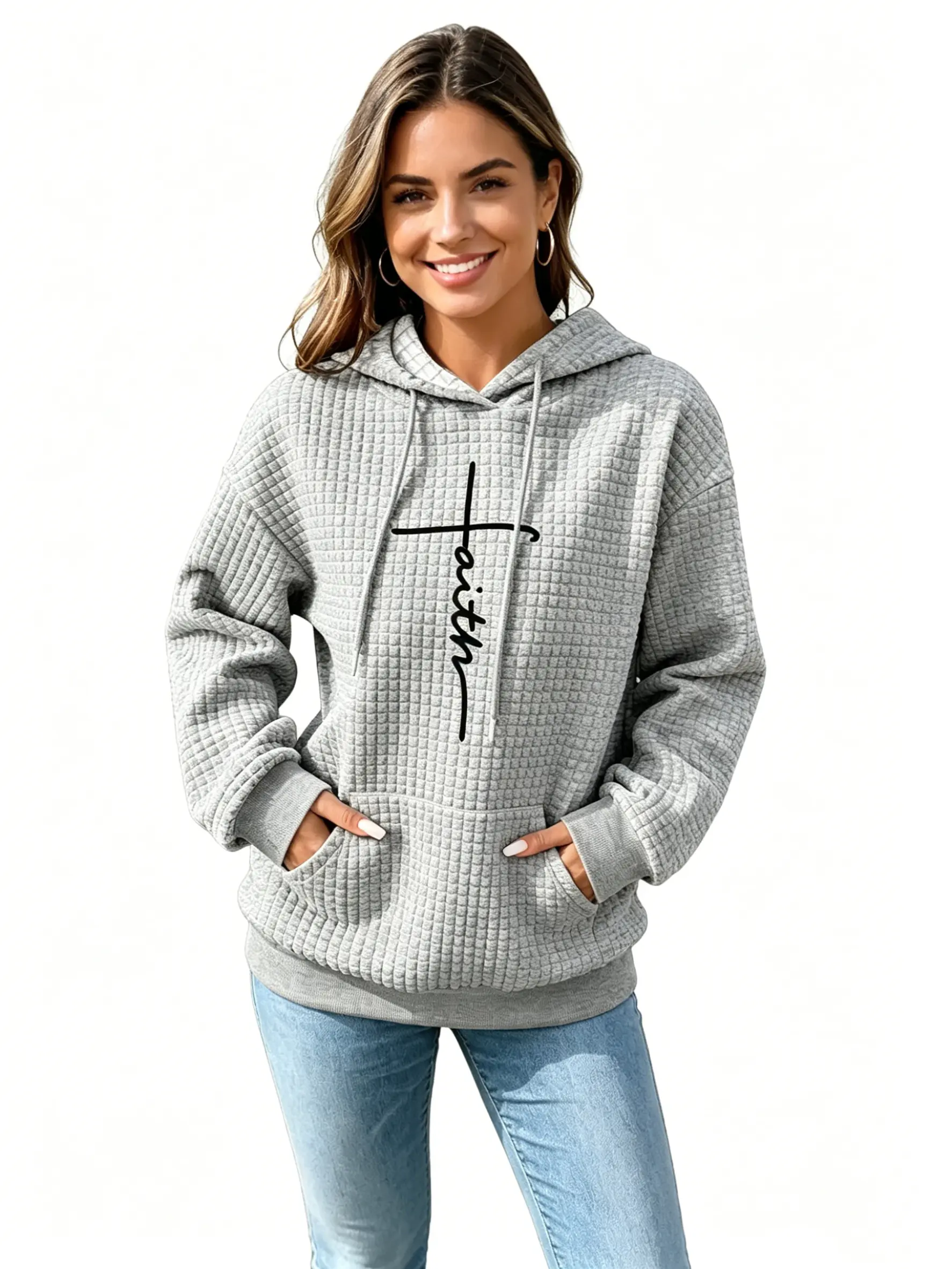 Hoodies For Women "Faith" Cross Print Graphic Sweatshirt Casual Pullover Waffle Long Sleeve Drawstring Hooded Sweatshirt with Pocket
