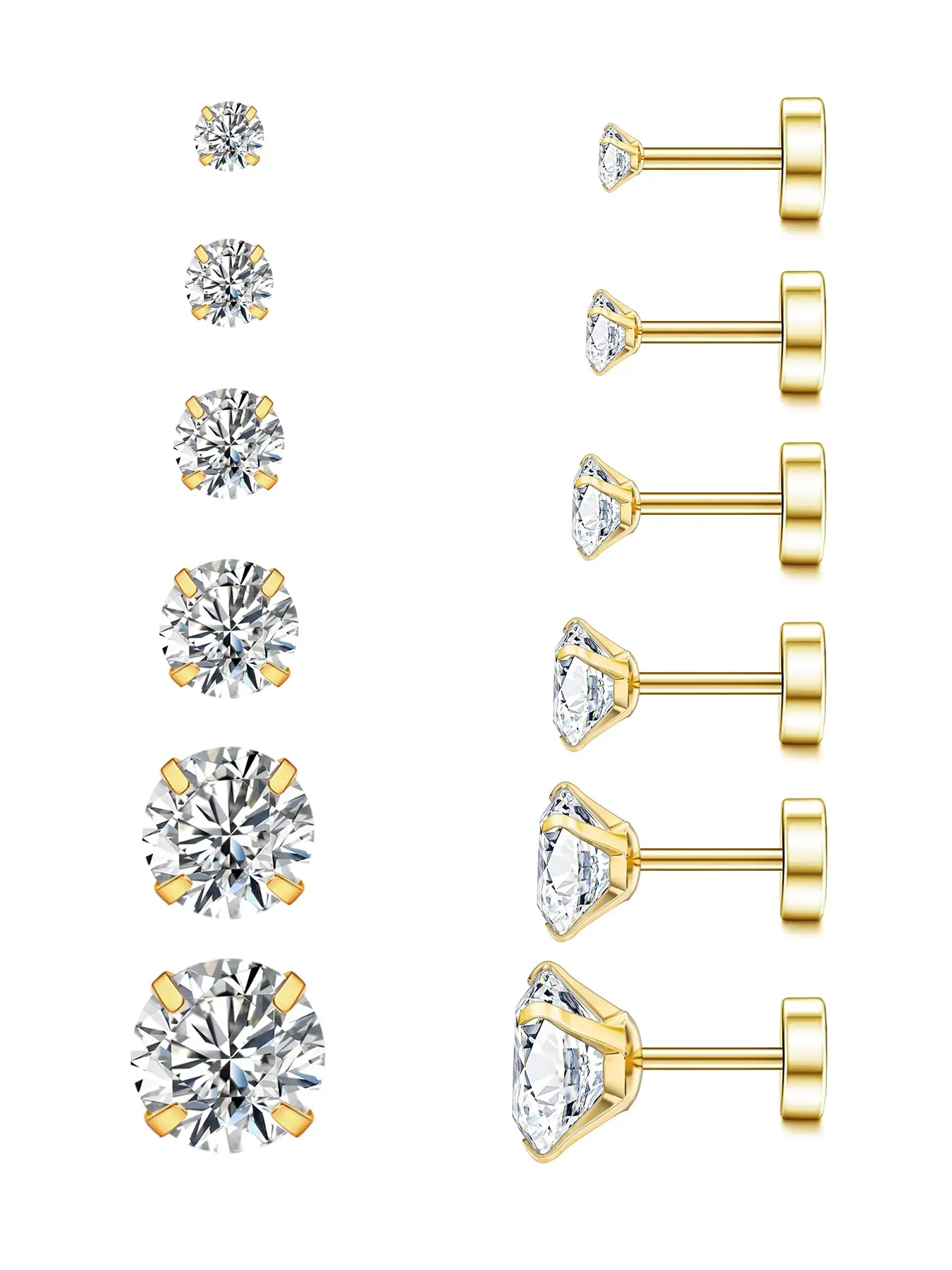 6 Pairs Stainless Steel Stud Earrings Set, Rhinestone Design, Casual Style, All Seasons Wear, Body Piercing Jewelry, Ear Cartilage Piercings, 3mm-8mm Multiple Sizes, Ear Studs Set