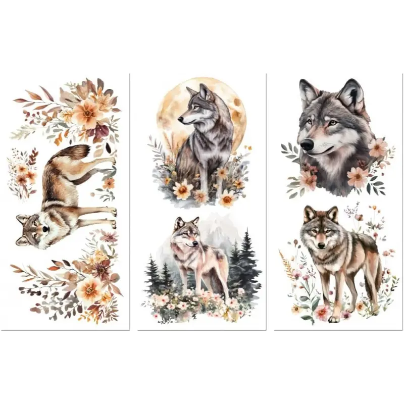 Rub on Transfer Decals for Furniture Crafts Decor Wolf with Flowers and Moon 6"x12", 3Pcs Waterproof UV DTF Transfer Sticker for Dresser Lingerie Chests Drawer Glass Porcelain  Plastic