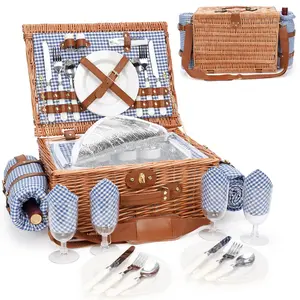 Picnic Basket for 4, Insulated Willow Picnic Baskets with Shoulder Strap, Picnic Hamper with Waterproof Picnic Blanket, Handmade Wicker Hamper for Outdoor, Great Gifts for Thanksgiving, Christmas,BlueCheck