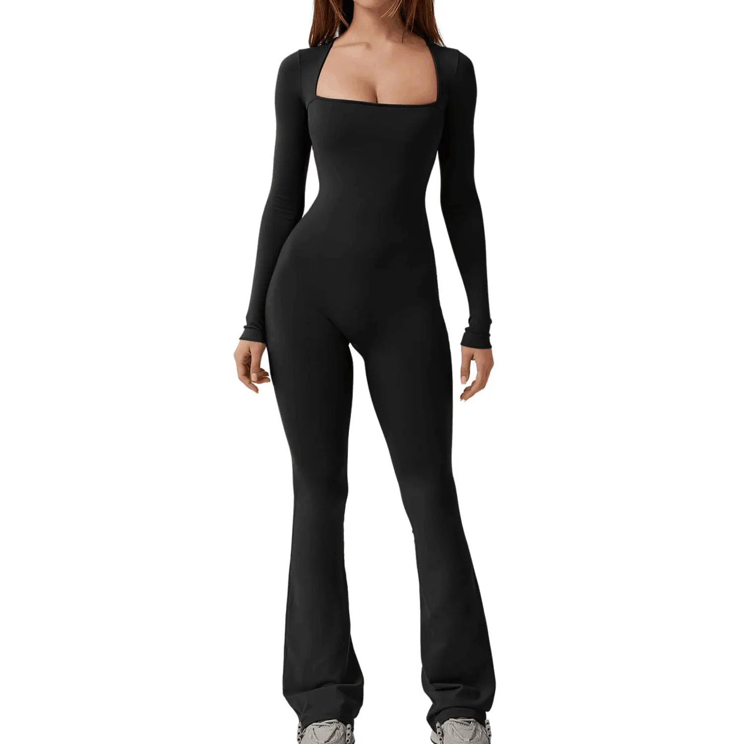 Women's Long Sleeve Square Collar Jumpsuit with Belly Waist Shaping and Hip Lift, High Elastic Wide Leg Design Does not apply Fabric Check Japanese Womenswear Asian Casual Army Trouser