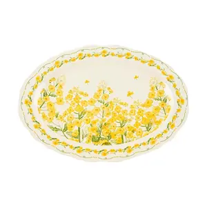 Golden Lion 12 Inch Ceramic Serving Platter - "Milk White" Oilseed Rape Flower Design, Large Rectangular Fish Plate for Home & Kitchen, 31.4x21.7x3cm