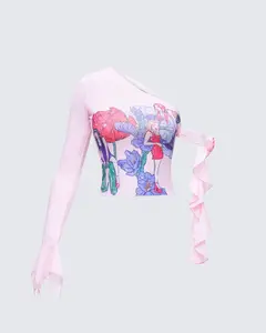Sylphine Pink Printed Mesh Asymmetric Top
