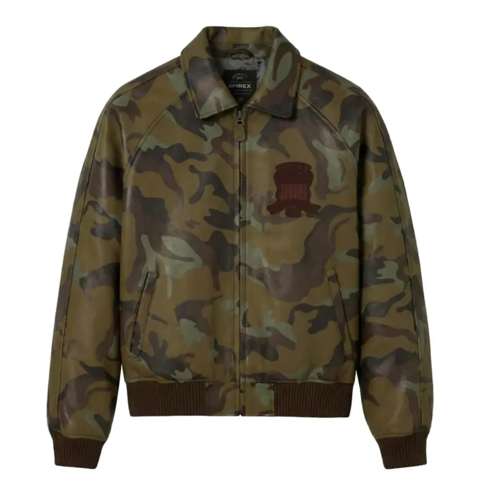 Men’s Camouflage Leather Bomber Jacket Military Style Zip Up Aviator Jacket