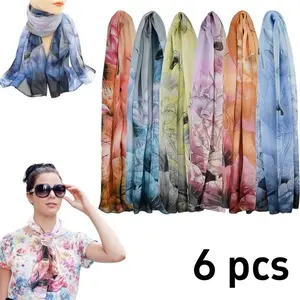 6 pcs women's lotus print chiffon scarf, lightweight, soft, transparent long shawl, suitable for daily use, vacation, walking, travel